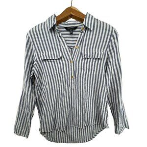 Ellen Tracy Womens Popover Top Sz S 100% Linen Black/Wht Striped Beachy Coastal